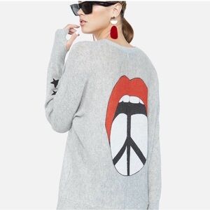 Lauren Moshi Gray Sweater with Red Lips and Black Peace Sign